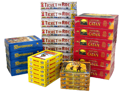 Stacked boxes of classic gateway games: Catan, Ticket to Ride, Carcassonne, Kingdomino, and Lost Cities